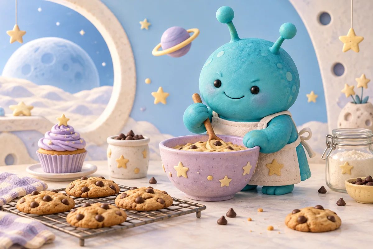 An original little blue space baker stirring a lilac bowl, surrounded by cookies, a cupcake and tiny planets.