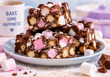 Rocky Road squares with visible biscuit chunks and pink and white marshmallows.